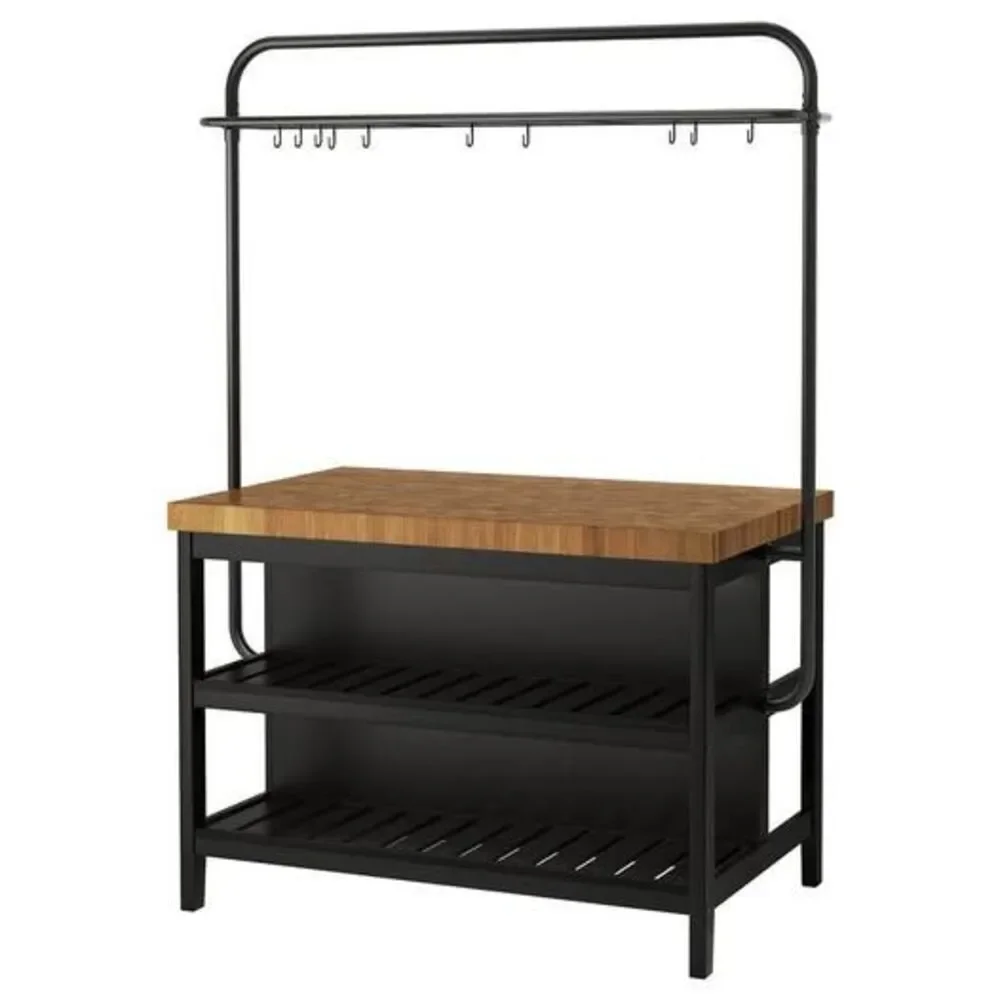 VADHOLMA Kitchen Island w/ Rack Black Oak Butcher Block Top 49 5/8” Excellent